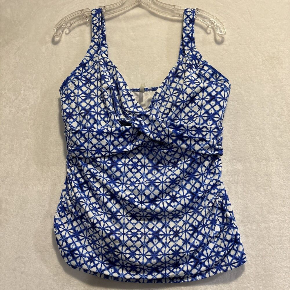 Lands' End Blue Deep Sea Batik Slimming Wrap Underwire Tankini Swim Top 12 DDD